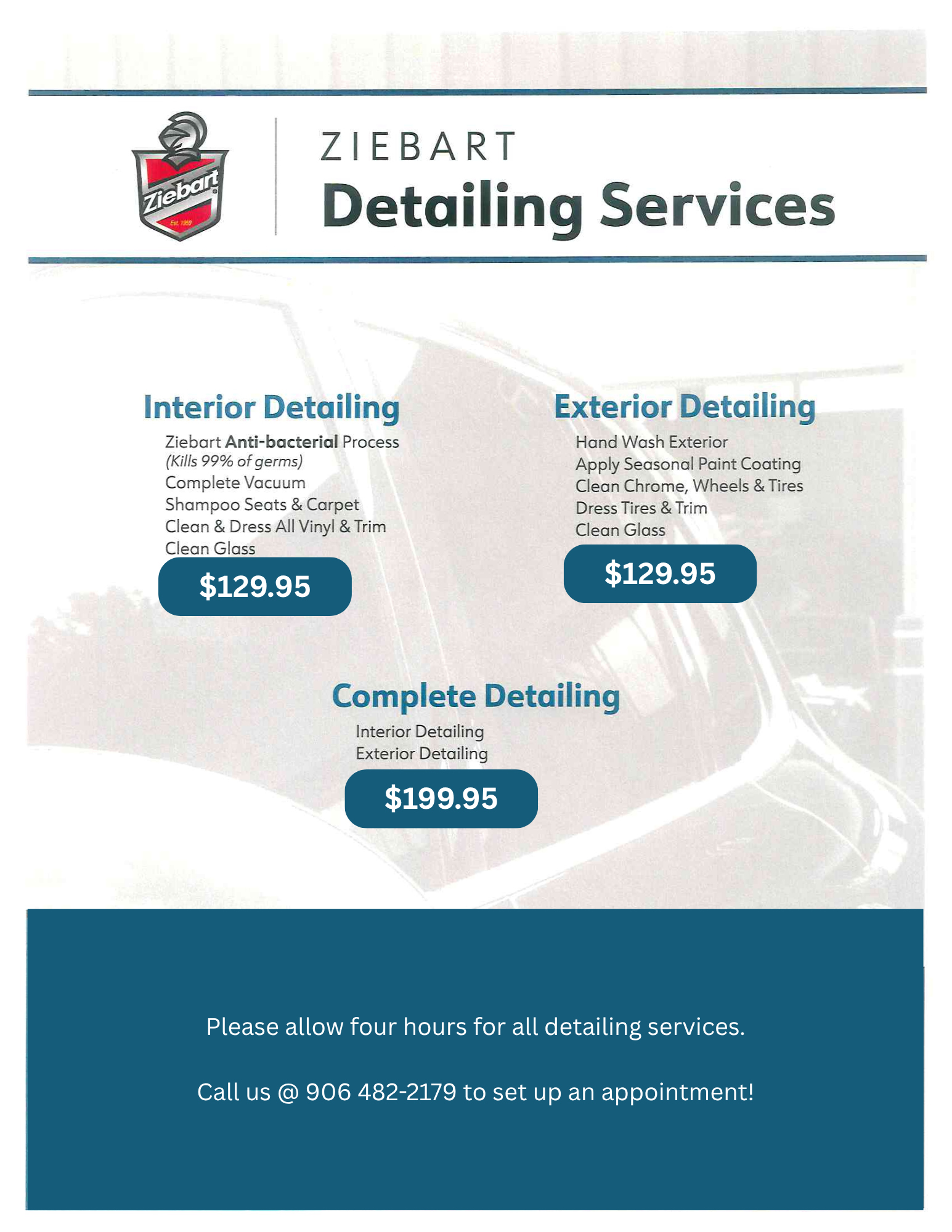 Ziebart professional detailing services menu with ceramic paint coating, diamond gloss paint protection, interior cleaning, glass treatment, and pricing