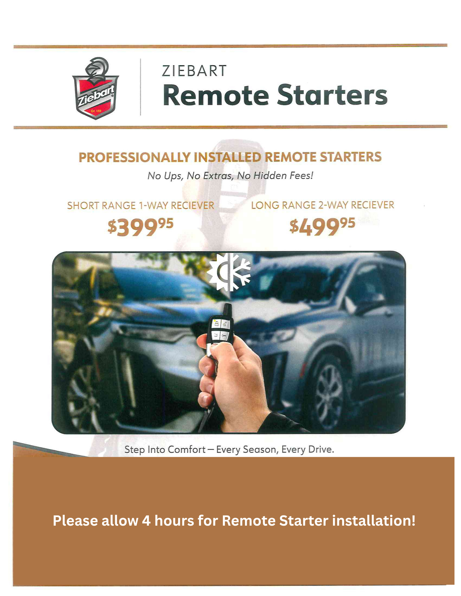 Ziebart remote starters flyer with pricing for short range one-way receiver and long range two-way receiver installation