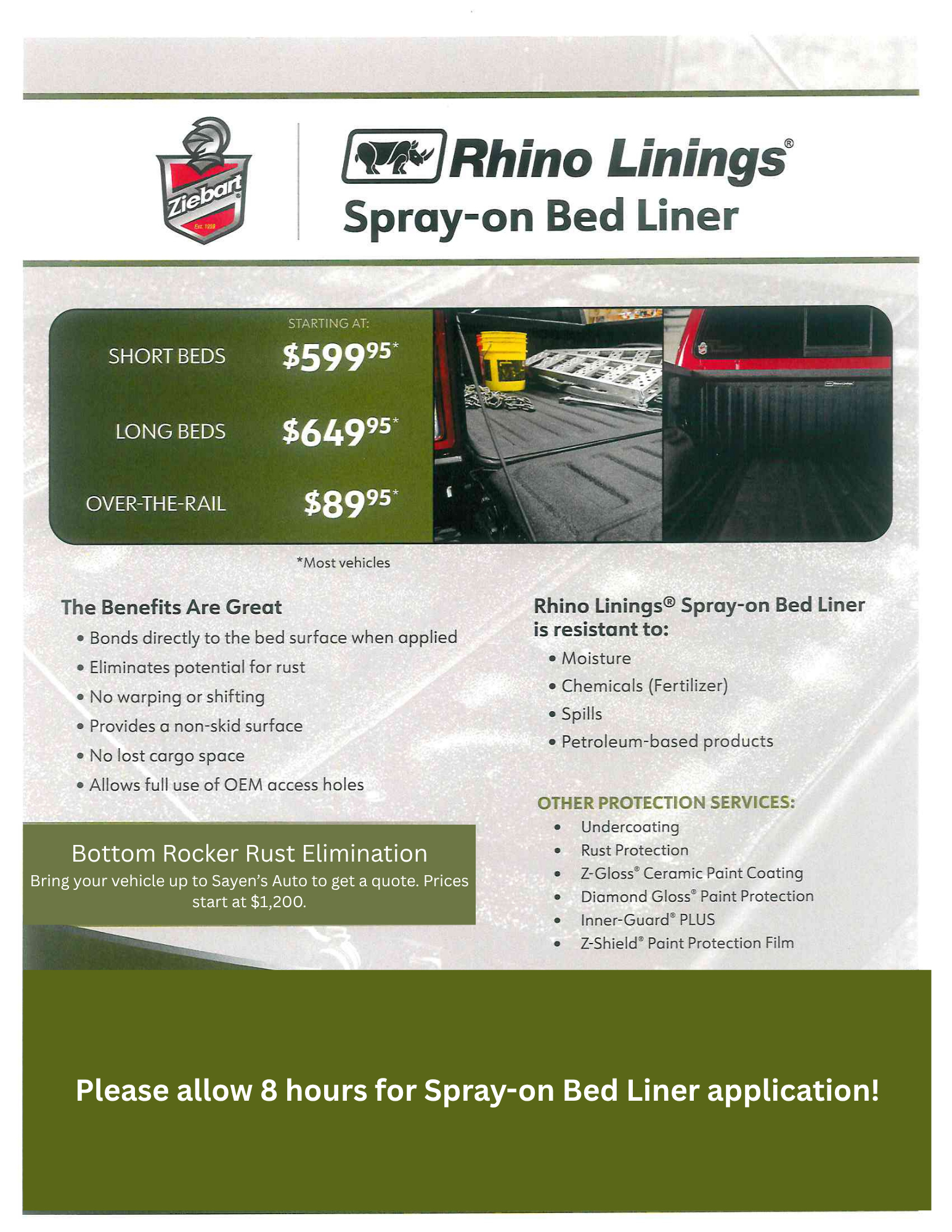 Rhino Linings spray-on bed liner service flyer with pricing for short beds, long beds, over-the-rail coating, bottom rocker rust elimination, benefits, and application time